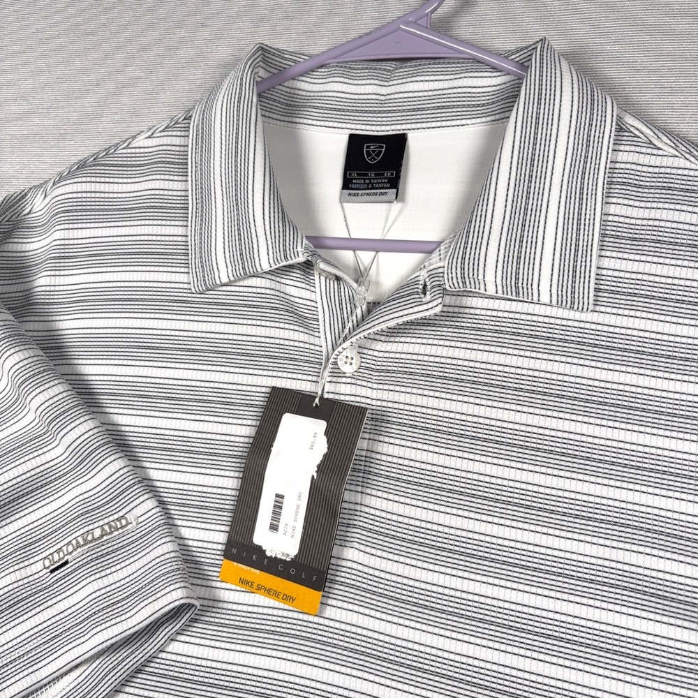 Nike Golf Sphere Dry Polo Shirt Mens XL White Black Striped NEW Old Oakland Logo